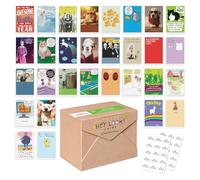 Surtido de tarjetas de felicitación de papel reciclado de 30 unidades divertidas para todas las ocasiones con sobres, sellos y caja de almacenamiento