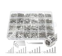 Surtido de tornillos métricos M2, M3, M4 y M5 de acero inoxidable con tuercas y arandelas de 8 mm a 20 mm, cabeza hexagonal, acabado plateado.