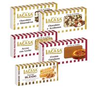 Surtido Turrones Lacasa: 5 tabletas de turrón variadas: Blando, Chocolate y almendras, Arroz con leche, Crema catalana y Chocolate y avellanas