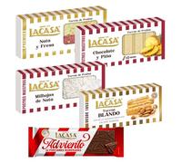 Surtido Turrones Lacasa: 5 tabletas de turrón variadas: Blando, Crujiente, Chocolate y piña, Milhojas de nata y Nata y fresa