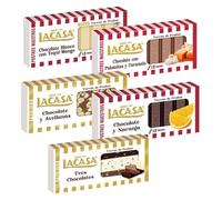Surtido Turrones Lacasa: 5 tabletas de turrón variadas: Duro, Chocolate con palomitas y caramelo, Chocolate y arándanos, Chocolate y café y Chocolate