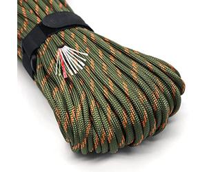 Survival Paracord Rope PSKOOK 100 Feet Fire Starter Parachute Cord 7-Strand Nylon with Red Tinder Cord PE Fishing Line Cotton Thread for Outdoor Lanyards, Bracelets, Handle Wraps (Army Green Camo)