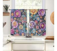 Surwin 2 Piezas Cortinas Cortas para Ventanas, Arte Floral Cocina Cortina de Bistró Puerta Cocina Valance con Bolsillo Decoración Hogar para Dormitorio Ventana Comedor (Morado,140x145cm)