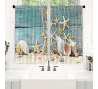 Surwin 2 Piezas Cortinas Cortas para Ventanas Estrellas de Mar Cocina Cortina de Bistró Puerta Cocina Valance con Bolsillo Decoración Hogar para Dormitorio Ventana Comedor (Vetas Madera,90x60cm)