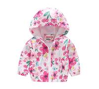 Surwin Chaqueta Niña con Capucha Moda Estampado de Flores, Cortavientos de Manga Larga Casual Otoño Cremallera Chaqueta Windproof Ligero Niños Abrigo de Viento (Rosa Primavera,130cm)