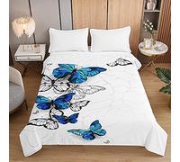 Surwin Colcha de Verano Reversible con Estampado Mariposa 3D, Edredón Cubrecama Rellenos de Algodón, Microfibra Colcha Suave y Transpirable de Primavera y Entretiempo (Azul,150x200cm)