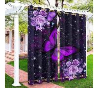 Surwin Cortinas Exterior, 3D Mariposas Impermeable Cortina Opaca con Ojales, Cortinas Blackout Protección Solar, Lonas para Balcón, Terraza y Porche (Negro-Violeta,137x274cm)