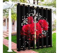Surwin Cortinas Exterior Impermeable, Estampado Floral en 3D Cortina Opaca con Ojales, Cortinas Blackout Protección Solar, Lonas para Balcón, Terraza y Porche (Negro Rojo 2,137x304cm)