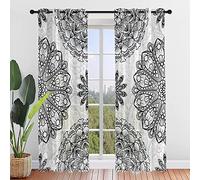 Surwin Translucidas Cortinas Salon, Dormitorio, Cocina - Cortinas y Visillos Estampadas de Mandalas 3D, Visillos Cortos para Ventanas, 2 Piezas Cortina con Ojales (140x160cm,Negro Blanco)