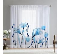 Surwin Translucidas Cortinas Salon, Dormitorio, Cocina - Cortinas y Visillos Estampadas Estilo Pastoral Nórdico, Visillos Cortos para Ventanas, 2 Piezas Cortina con Ojales (W108xH137cm,Azul)