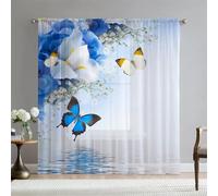 Surwin Translucidas Cortinas Salon, Dormitorio, Cocina - Cortinas y Visillos Estampadas Estilo Pastoral Nórdico, Visillos Cortos para Ventanas, 2 Piezas Cortina con Ojales (W132xH245cm,Mariposas)