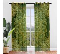 Surwin Translucidas Cortinas Salon, Dormitorio, Cocina - Cortinas y Visillos Mandalas Multicolores, 3D Visillos Cortos para Ventanas, 2 Piezas Cortina con Ojales (140x244cm,Verde)