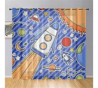 Surwin Translucidas Cortinas Salon, Dormitorio, Cocina - Cortinas y Visillos Planeta de Dibujos Animados, Visillos Cortos para Ventanas, 2 Piezas Cortina con Ojales (132x160cm,Cohete)