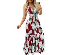 Surwin Vestidos de Verano para Mujer Largos, Vestido Largo Maxi Playa Verano Sin Mangas Cuello en V S-5XL Impresión Piña Tallas Grandes Cintura Alta Elegante Casual Chic (Borgoña,L)