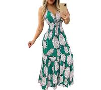 Surwin Vestidos de Verano para Mujer Largos, Vestido Largo Maxi Playa Verano Sin Mangas Cuello en V S-5XL Impresión Piña Tallas Grandes Cintura Alta Elegante Casual Chic (Verde,L)