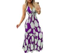 Surwin Vestidos de Verano para Mujer Largos, Vestido Largo Maxi Playa Verano Sin Mangas Cuello en V S-5XL Impresión Piña Tallas Grandes Cintura Alta Elegante Casual Chic (Púrpura,M)