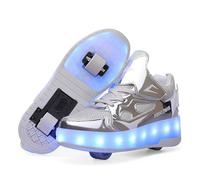 Surwin Zapatillas con Ruedas Niña con Cordones, PU Brillante Zapatos de Niños con Ruedas Traseras Retráctiles, Zapatillas de Skateboard Zapatos de Skate Roller Skate Shoes Sneakers (Plateado,33)