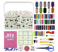 SusggO 140piezas Costurero grande con Accesorios Guia Basica Puntadas Costurero Madera Tela Costura Kit Costura para Adultos Caja Costura Reglas de Costura Patronaje Patchwork Costureros (Blanco)
