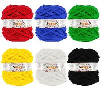 SusggO Pack 6 Ovillo Lana Gruesa CHENILLA Crochet Ovillos 100gr 50m Lanas para Crochet Amigurumi Ganchillo Lanas para Tejer Punto a mano Madejas Chenilla (Blanco Negro Rojo Verde Amarillo Azul)