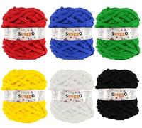 SusggO Pack 6 Ovillos CHENILLA Crochet Ovillo Lana Grueso 100gr 50m Lana Crochet Amigurumi Ganchillo Lanas para Tejer Punto a mano Madejas Chenilla (Blanco Negro Rojo Verde Amarillo Azul)