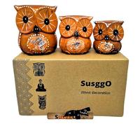 SusggO Set 3 Buhos de Madera Tallados a Mano Figuras Decorativas Artesanales Home Decoration Decoracion Buho de la Suerte Decoracion Habitacion Decoracion Hogar (Marron Detalles Plateados)