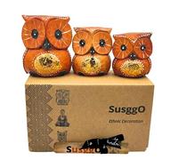 SusggO Set 3 Buhos de Madera Tallados a Mano Figuras Decorativas Artesanales Home Decoration Decoracion Buho de la Suerte Decoracion Habitacion Decoracion Hogar (Marron Detalles Dorados)