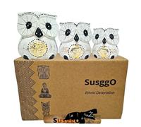 SusggO Set 3 Buhos de Madera Tallados a Mano Figuras Decorativas Artesanales Home Decoration Decoracion Buho de la Suerte Decoracion Habitacion Decoracion Hogar (Blanco Detalles Plateados)