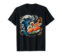 Sushi japonés Ola dinámica océano Comida Arte diseño Icono Conjunto Camiseta