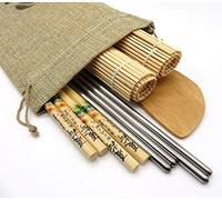 Sushi kit con palillos de Acero Inoxidable, palillos de madera, esterillas, y paleta de bambú. Con bolsa de lino de regalo (kit Basico)