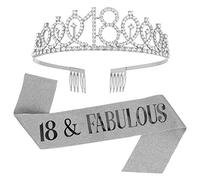 SUSSURRO "18 y fabuloso juego de tiara de fajas y diamantes de imitación, regalo de 18 cumpleaños para mujeres suministros de fiesta de cumpleaños (plata)