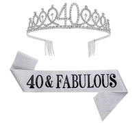 SUSSURRO 40 y fabuloso juego de tiara de fajas y diamantes de imitación, regalo de 40 cumpleaños para mujeres suministros de fiesta de cumpleaños (plata)
