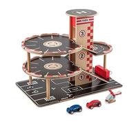 Sustainable Wood Toy Car, Toys For Kids, Hape “Park And Go” Garage Set With 4 Levels, 1 Lift, 2 Toy Cars, 1 Toy Helicopter. 3 years +