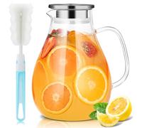 SUSTEAS Jarra de Cristal de 2,5 Litros con Tapa y Asa Ancha, Fácil de Limpiar para Frigorífico, para Agua Fría/Caliente, Té Helado, con Cepillo