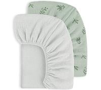Susurration 100% Algodón Muselina Juego de 2 Sábanas Bajeras Ajustables para Niños para Cuna de Viaje Sábana Bajera Ajustable para Cama Auxiliar 60x120 cm(Hojas Verdes)