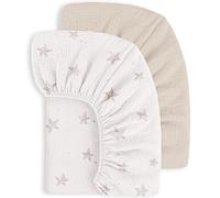 Susurration 100% Algodón Muselina Juego de 2 Sábanas Bajeras Ajustables para Niños para Cuna de Viaje Sábana Bajera Ajustable para Cama Auxiliar 60x120 cm/70x140 cm (Crema Star)