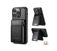 Suteni H19 for Iphone 15 Pro Magnetic Case Carbon Fiber Texture Leather Back Cover with Card Bag