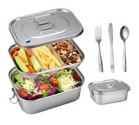 SUTETLW Cajas Bento de acero inoxidable con bandeja de tres compartimentos, válvula hermética y asa, capacidad de 1800 ml, lonchera sin BPA con tres cucharas de accesorios, recipientes a prueba de