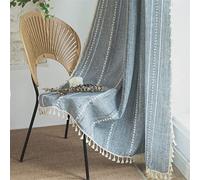 Sutuo Home Cortinas bohemias bordadas a rayas para dormitorio, sala de estar, patio, lino semiopaco, estilo francés, vintage, elegante, borlas, tratamiento de ventana, cortina bohemia, 1 panel de 52