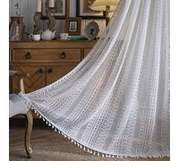 Sutuo Home White Crochet Boho Curtain 84 Inches Length, Sheer Lace Handmade Tassels Knitted Window Treatment Vintage Rustic Bohemian Farmhouse Drape for Bedroom Rod Pocket 1 Panel 59" W x 84" L