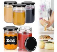 Suusolny 12 tarros con tapa de rosca para mermelada, miel, yogur, redondos, con etiquetas, cuchillo de crema y tenedor, 350 ml, con tapa negra