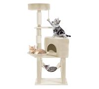 Suusolny Árbol rascador para gatos grande de color gris claro, 133,5 cm de alto, con postes de sisal, varios niveles, hamaca y cesta, árbol de escalada para gatos con mucho espacio para jugar y dormir