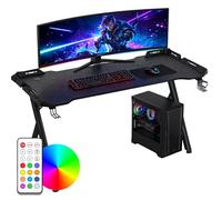 Suusolny Escritorio LED para videojuegos con revestimiento de fibra de carbono, mesa ergonómica para ordenador con iluminación RGB, mesa de juegos con patas en forma de Y, mesa de PC con soporte para