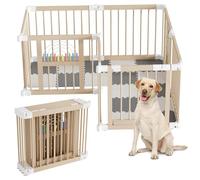 Suusolny Parque infantil de madera plegable con puerta, tamaño y forma ajustables, valla de juegos para bebés y niños pequeños, con tabla de animales y ábaco arcoíris - con almohadillas de escalada