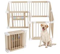 Suusolny Parque infantil de madera plegable con puerta, tamaño y forma ajustables, valla de juegos para bebés y niños pequeños, con tabla de animales y ábaco arcoíris, sin almohadillas de escalada