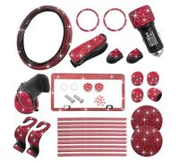 Suvnie Juego de 27 piezas de accesorios de automóvil con diamantes de imitación de cristal para mujer, fundas universales para volante de 15 pulgadas, marco de matrícula, soporte para teléfono, ribete