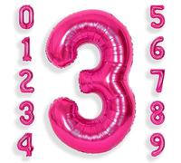 SUWEN Globos grandes de 40 pulgadas de color rosa intenso con 3 números, globos grandes de aluminio con números de helio del 0 al 9, decoraciones de fiesta de cumpleaños de tercer cumpleaños de Mylar