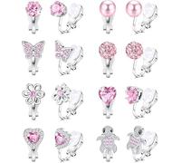 SUWIWKKOA 8 pares de pendientes de clip para niña/niña, hipoalergénicos, corazón, estrella, flores, arco iris, tortugas, bonitos clips de oreja rosa para niñas sin orejas perforadas, joyería para