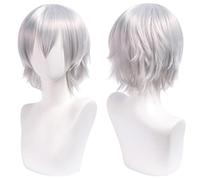 SUXUMHAO Peluca unisex de anime, pelo corto, cosplay, anime, peluda con capas, resistente al calor, sintético, disfraz, fiesta, graduación, pelucas con flequillo, color blanco plateado