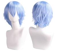 SUXUMHAO Peluca unisex de anime, pelo corto, cosplay, anime, peluda con capas, resistente al calor, sintético, disfraz, fiesta, graduación, pelucas, con flequillo, color azul claro