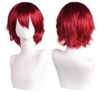 SUXUMHAO Peluca unisex de anime, pelo corto, cosplay, anime, peluda con capas, resistente al calor, sintético, disfraz, fiesta, graduación, pelucas con flequillo, color rojo oscuro